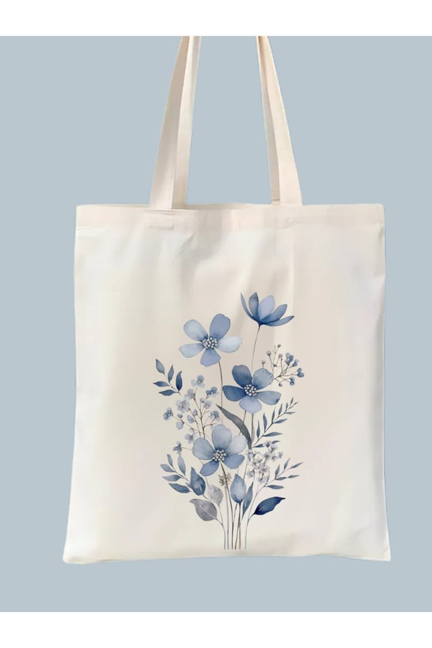 Blue Flower Retro Raw Tote Bag, Pinterest Bag, Shopper Bag