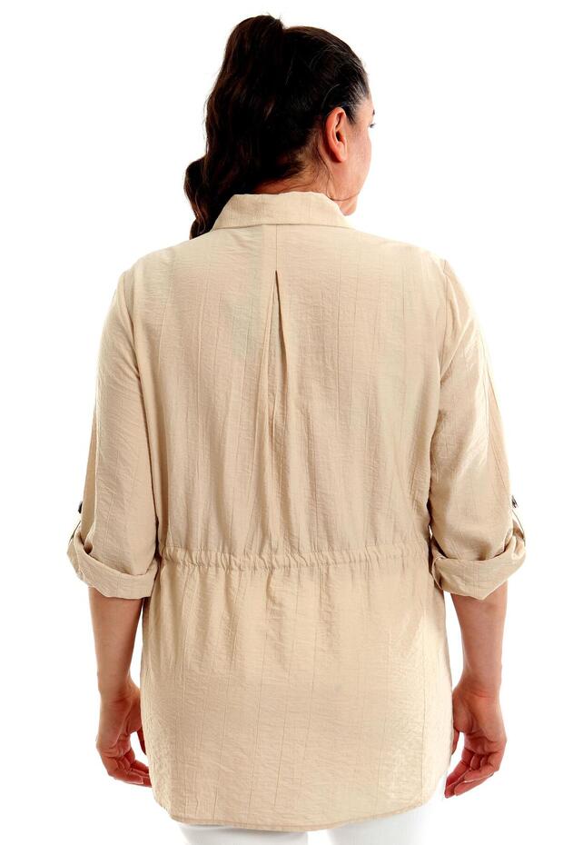 سترة حجرية بمقاس كبير مع جيوب وأربطة على الخصر - 5