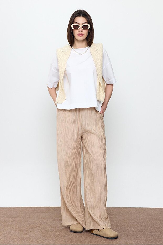 Beige Corded Palazzo Trousers with Elastic Waist