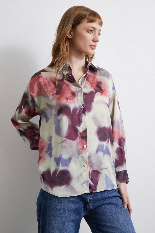 Batik Pattern Lilac Satin Shirt - 6