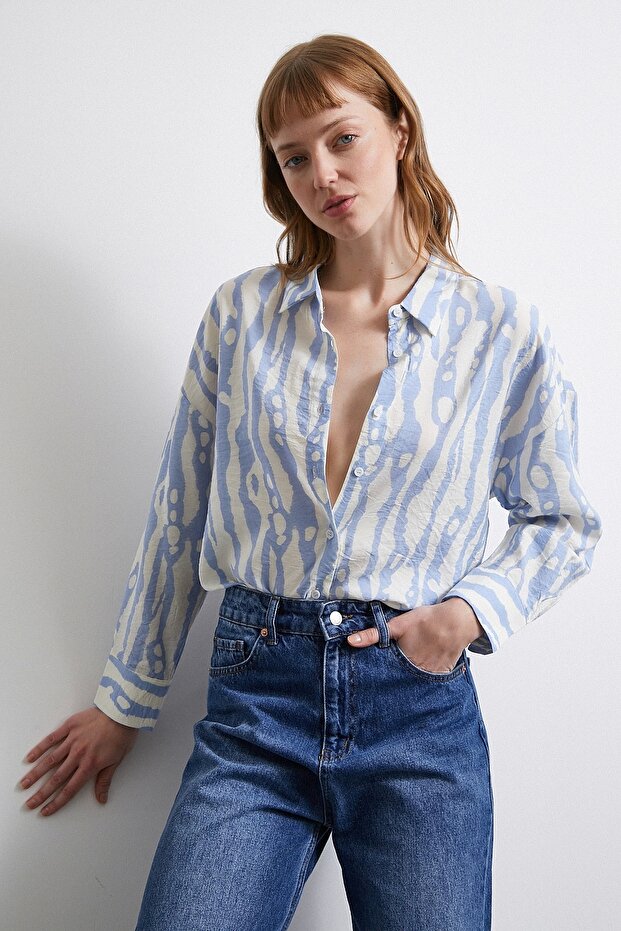 Zebra Desen Modal Gömlek Mavi - 5