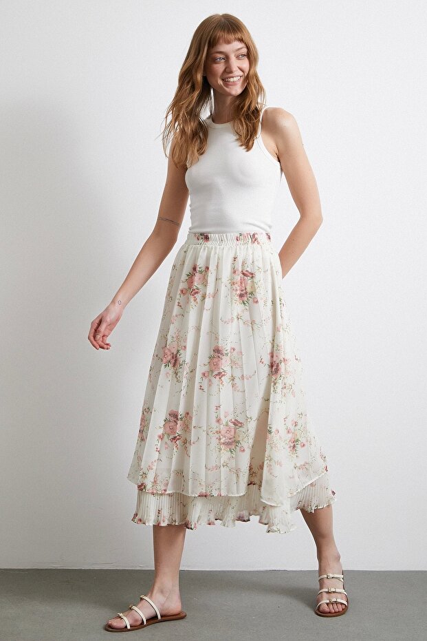 Fırfırlı Piliseli Etek Krem - 1