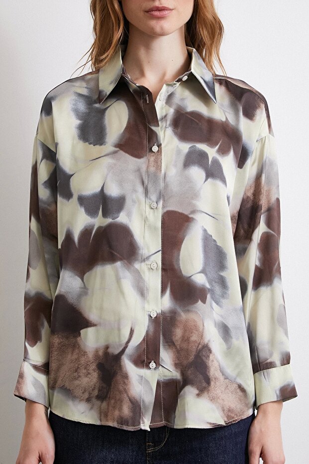 Batik Pattern Satin Shirt Brown - 5