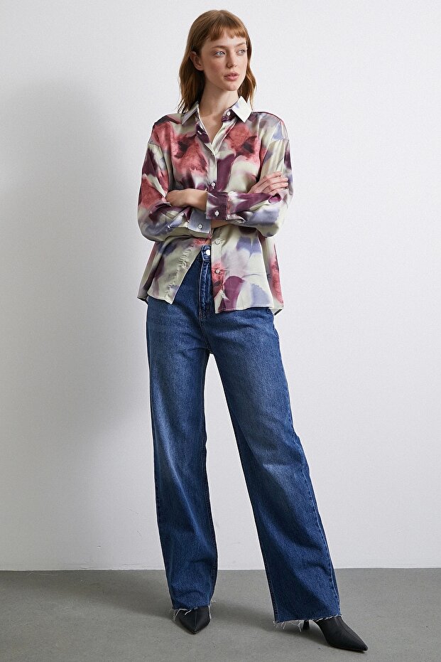 Batik Pattern Lilac Satin Shirt - 4