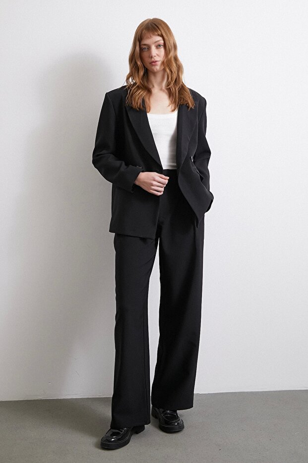 Wide Leg Trousers with Waist Detail Black