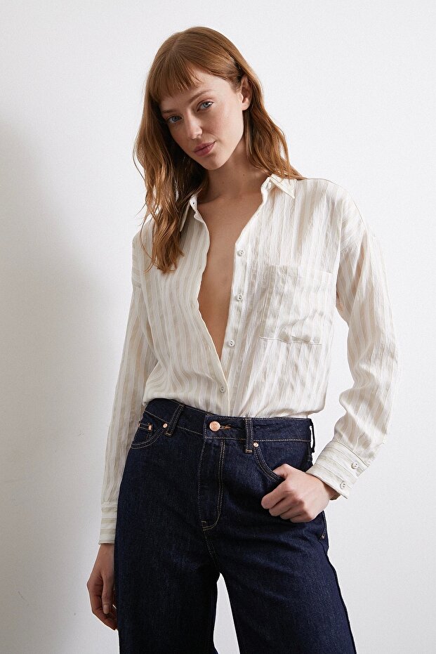 Multi Çizgili Cepli Gömlek Bej - 6