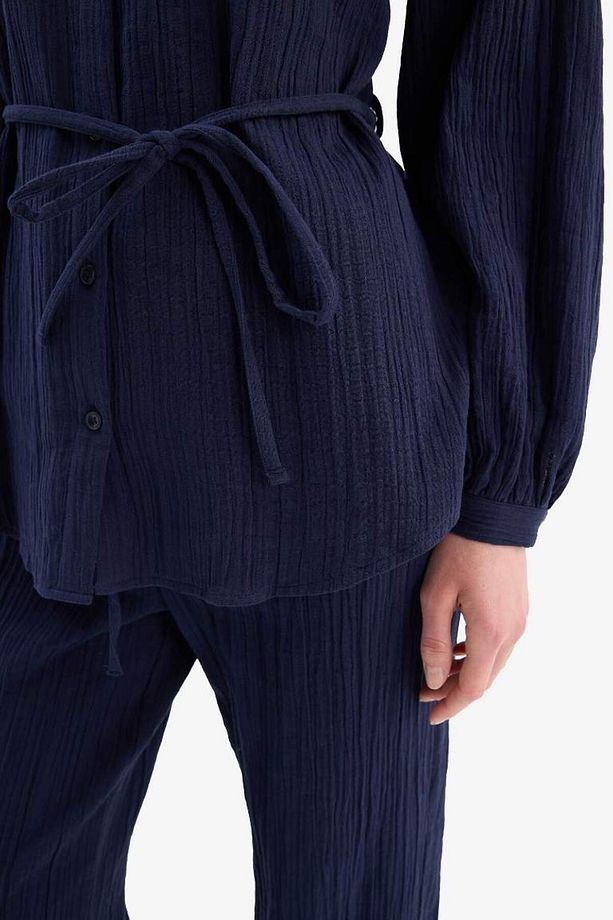 Relax Fit Basic Düz Bağcıklı Müslin Uzun Kollu Tesettür Gömlek Tunik E1107ax25sp - 5