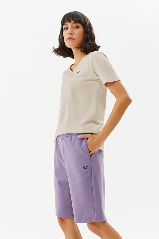 Kadın Krem V Yaka Basıc Kısa Kol Tişört 0101 - 1