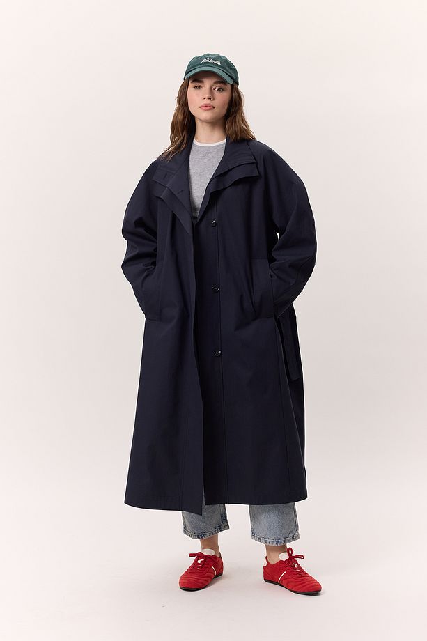 YÜKSEK YAKA OVERSIZE TRENÇKOT LACİVERT - 4