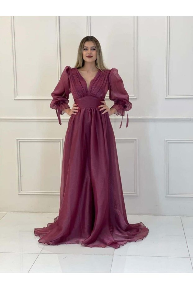Burgundy Balloon Sleeve Top Pleated Belted Robe Evening Dress |