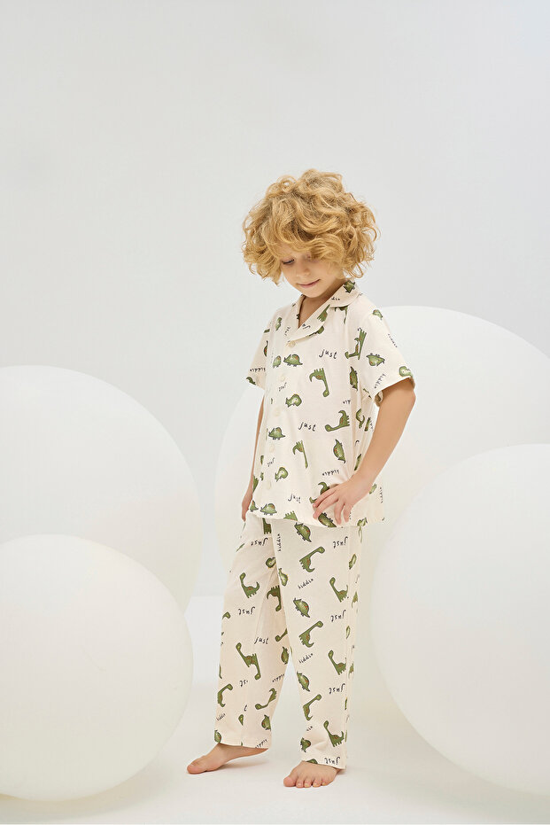 Boy's Pajamas 100% Cotton, Dinosaur Pattern, Front Buttoned - 4