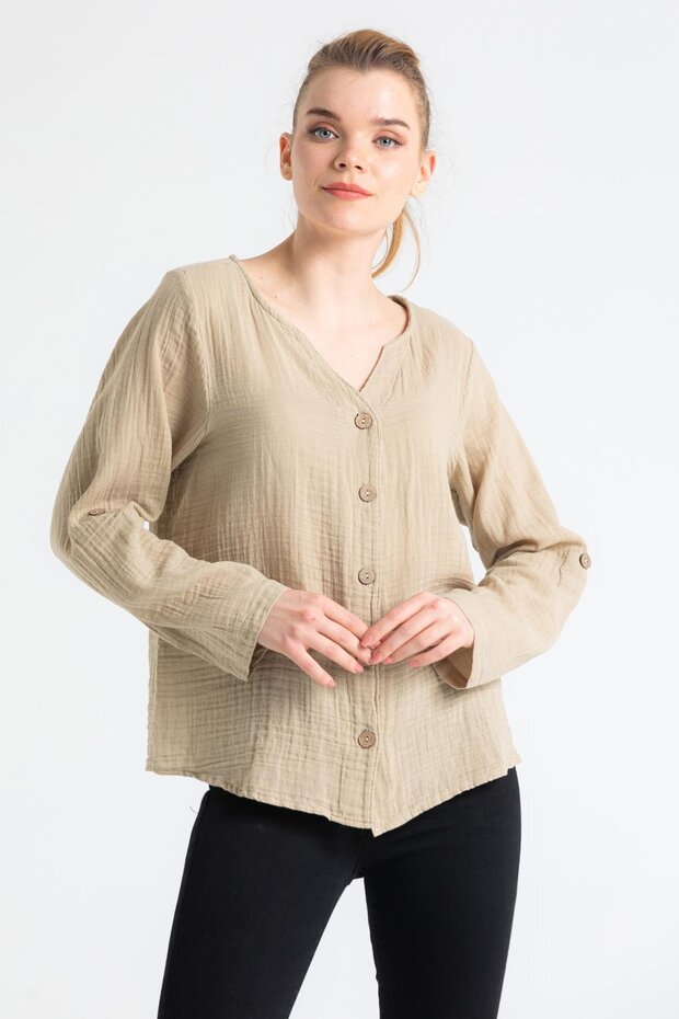 Long Sleeve Pearl Summer Muslin Shirt Mink Vzn