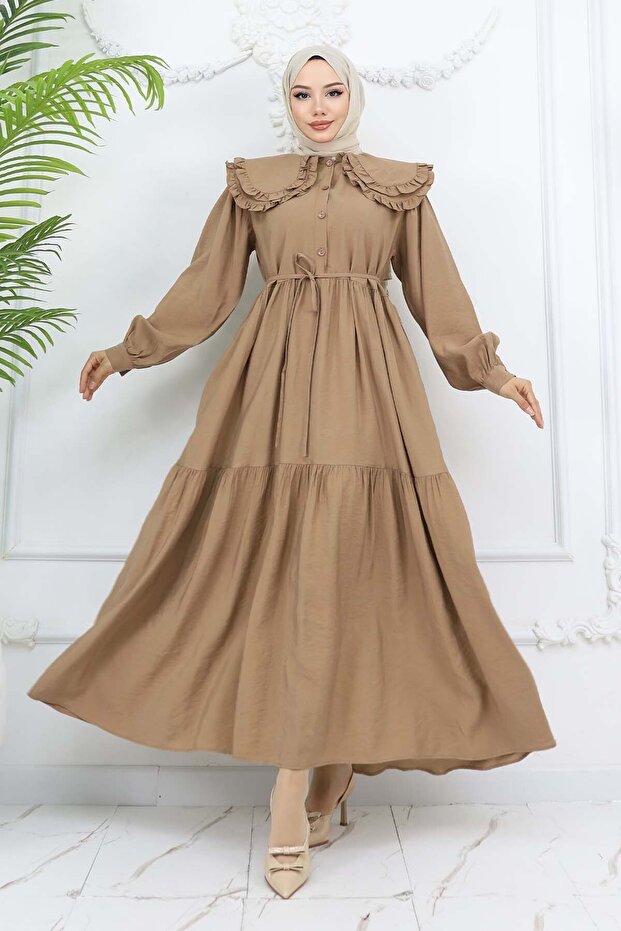 Bebe Yaka Önü Düğmeli Elbise Taba 2274 - 1