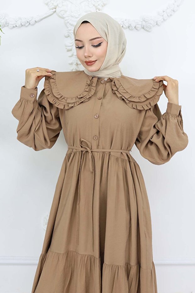 Bebe Yaka Önü Düğmeli Elbise Taba 2274 - 3