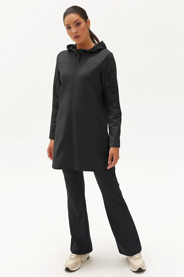Kadın Siyah Softshell Kışlık Içi Polarlı Kapüşonlu Uzun Eşofman Üstü 0457 - 1