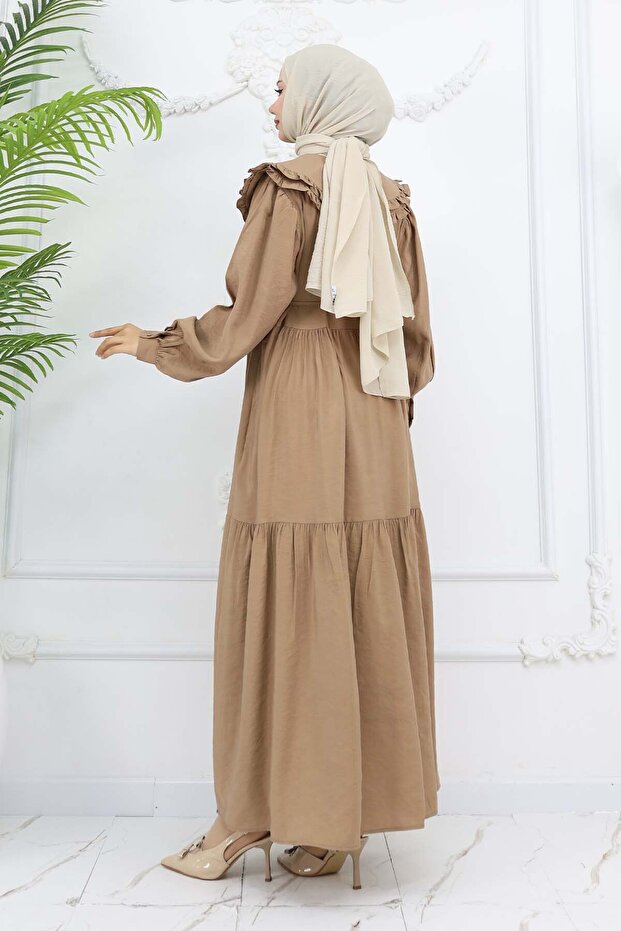 Bebe Yaka Önü Düğmeli Elbise Taba 2274 - 6