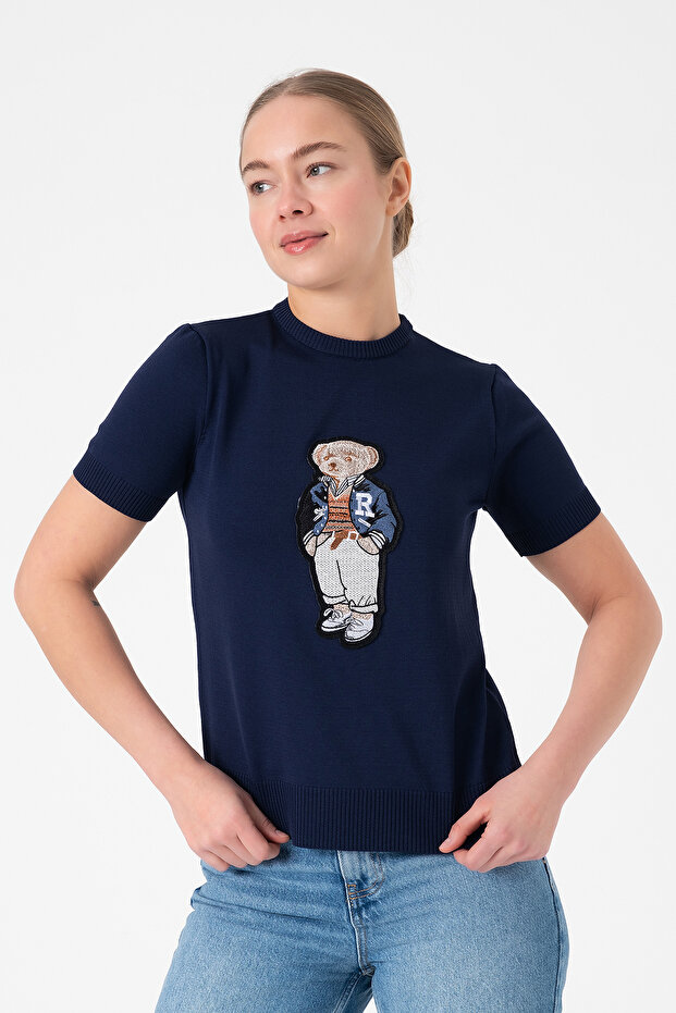 Teddy Bear Embroidered Crew Neck Navy Blue Knitwear Blouse