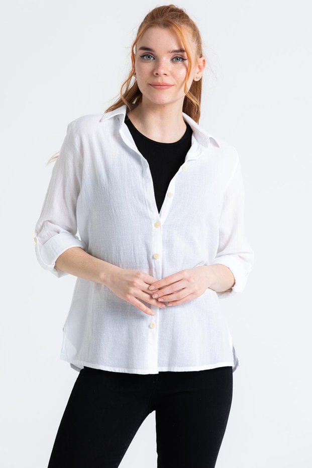 Long Sleeve Voile Avşar Summer Shirt White Byz