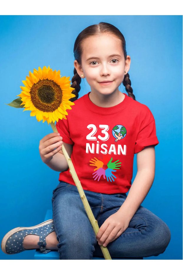 23 April Children's Day Printed Atatürk Regular Fit 100% Cotton Children's Red T-Shirt