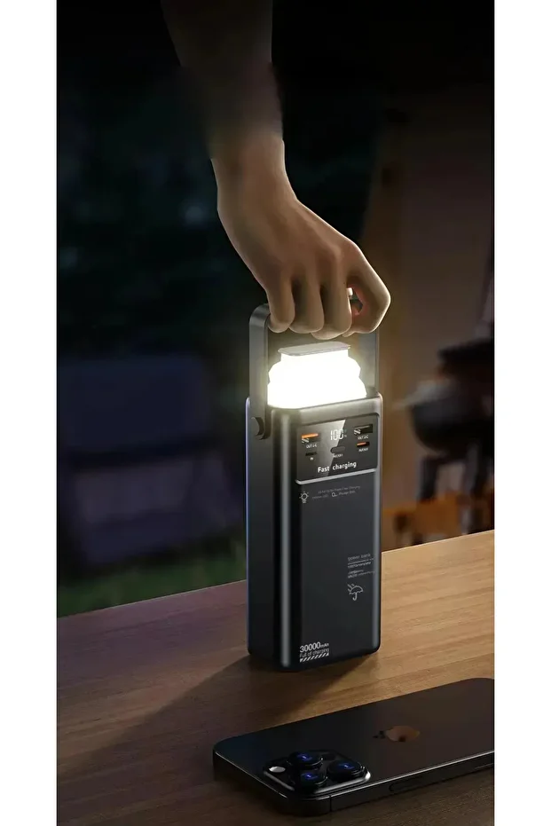 30.000 mah 22.5w 2xUSB 2xType-C Çıkış Hızlı Şarj Çoklu Kablolu Powerbank Kamp Işık Fener Güç Bankası - 1