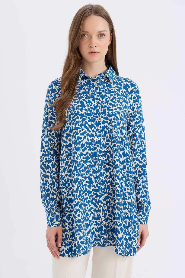 Z5833 Mavi Regular Fit Desenli Uzun Kollu Gömlek Tunik - 1
