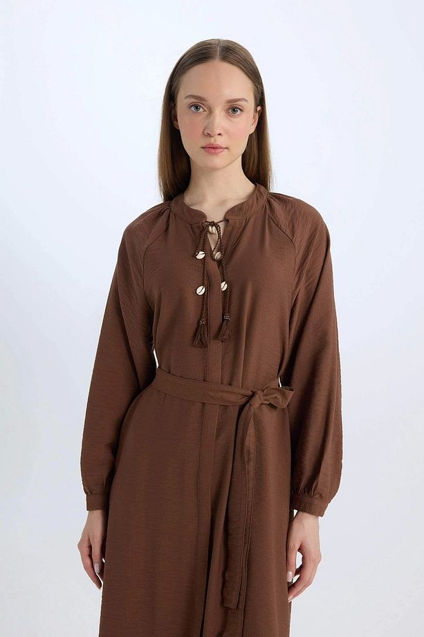 D7322 Kahve Relax Fit Hakim Yaka Uzun Kollu Maxi Elbise - 3