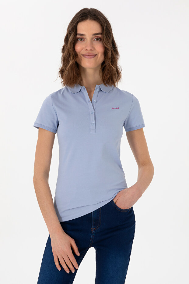 Women's Light Blue Basic Polo Neck T-Shirt 50305764 -Vr003