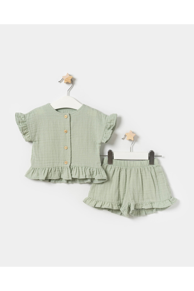 Baby Girl Front Buttoned Muslin Summer Two-Piece Set Green