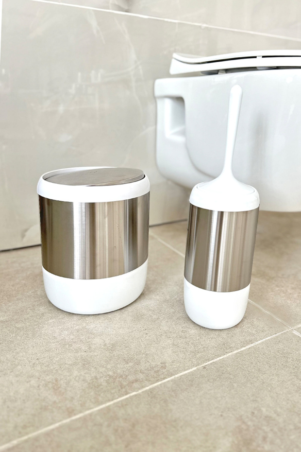 Lima XL Bathroom Rotating Lid Trash Can Toilet Brush 2-Piece White