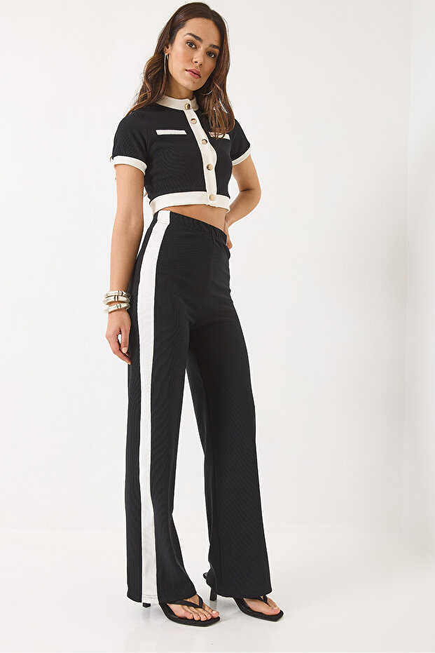 Women's Black and White Stripe Detailed Corded Button Closure Top and Bottom Set 60283040