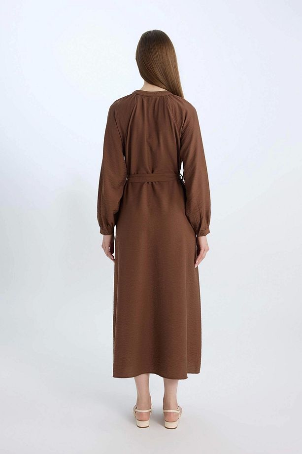 D7322 Kahve Relax Fit Hakim Yaka Uzun Kollu Maxi Elbise - 5