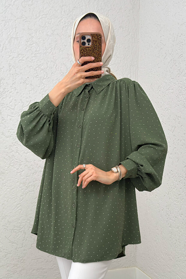 Stone Decorated Balloon Sleeve Shirt 2284 - Khaki