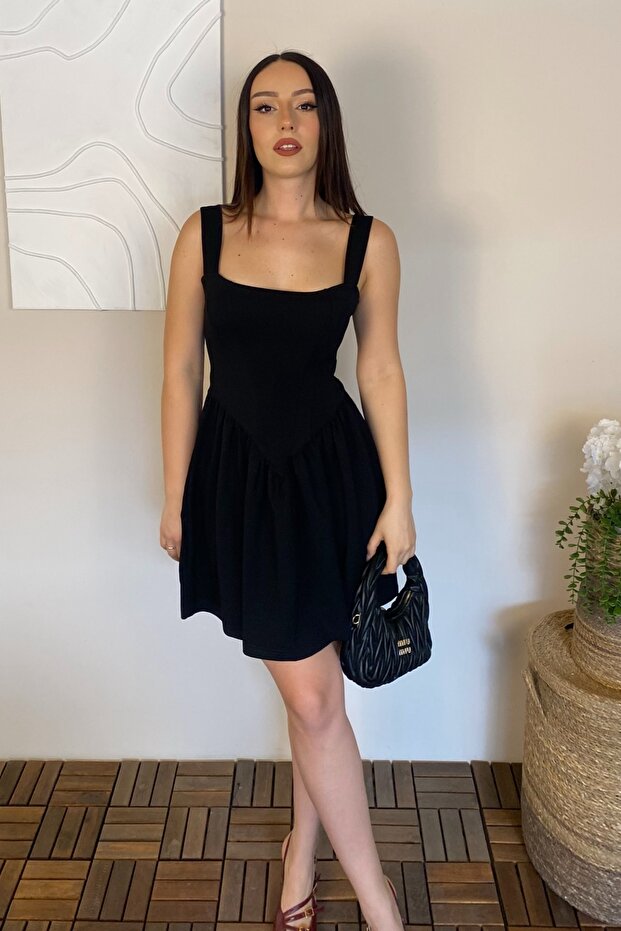 Women's Square Neck Thick Strap Waist Detailed Modal Fabric Mini Black Dress