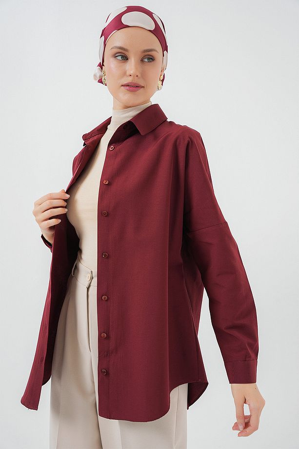 103901 Oversize Basic Tesettür Gömlek - Mürdüm - 2