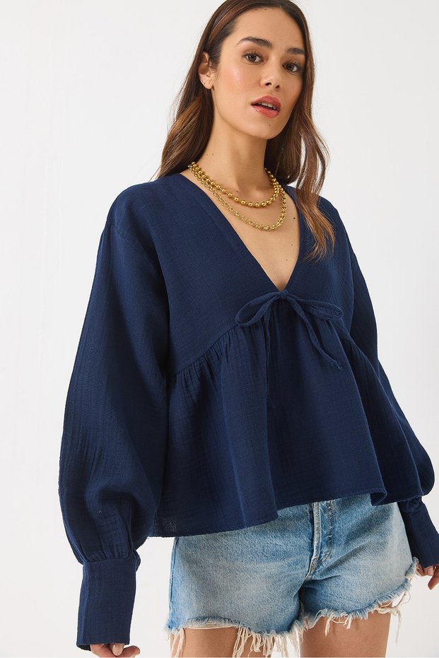 Women's Navy Blue V-Neck Muslin Blouse with Tie Detail 1003 60283051