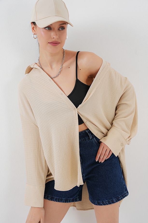 Kadın Örme Oversize Gömlek 20264 - Bej - 5