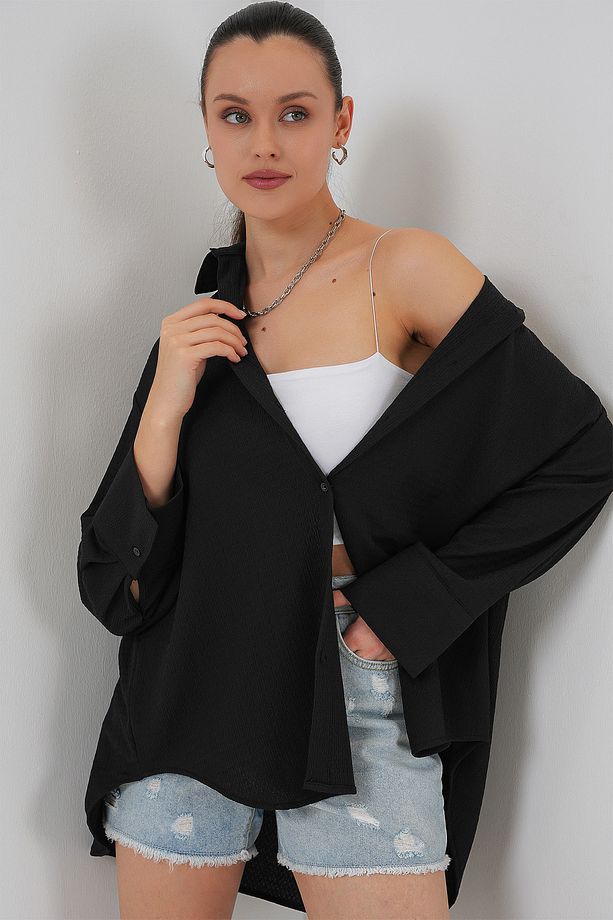 Kadın Örme Oversize Gömlek 20264 - Siyah - 2