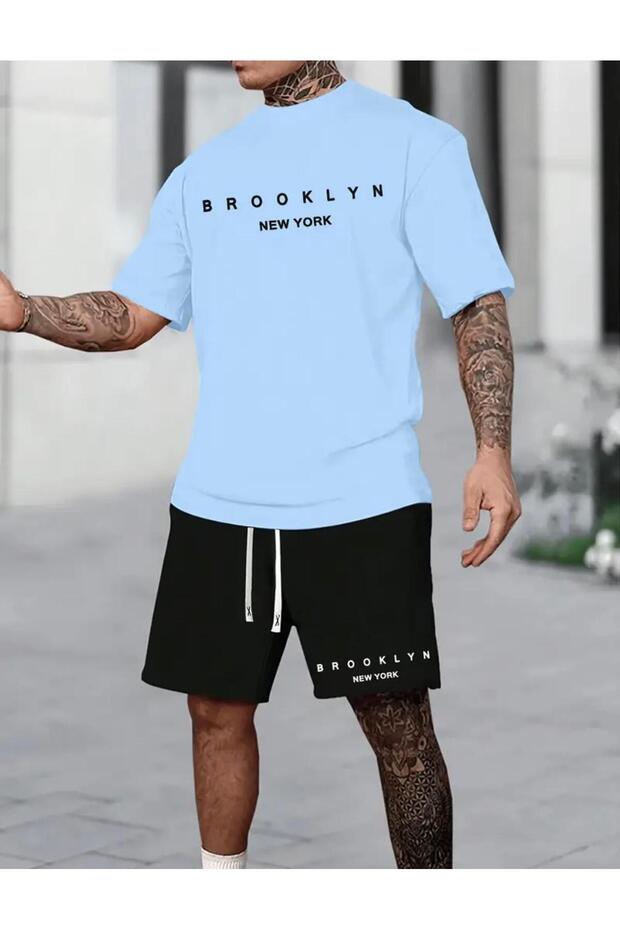 طقم شورت أسود مطبوع عليه تي شيرت أزرق للأطفال من Brooklyn New York