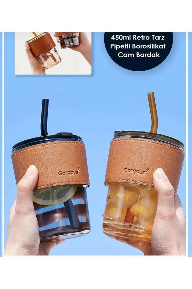 2 Adet 400ml Isıya Dayanıklı Pipetli Borosilikat Retro Deri Şeritli Bardak | Kahve Sunum Bardağı - 1