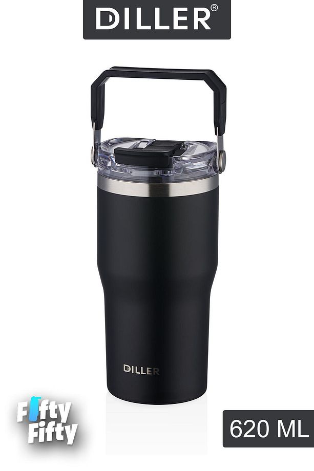 DILLER 620 ML Tek Kapak Çift Kullanım Pipetli/Pipetsiz Taşıma Kulplu Mug/Çelik Termos-FFDILLERD9168 - 1