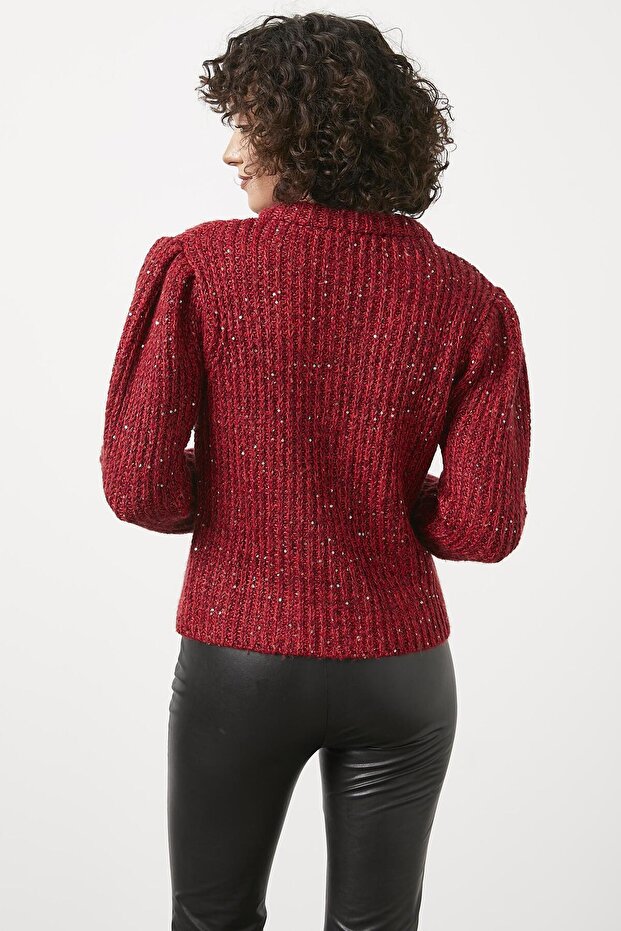 Pullu Fermuarlı Triko Hırka - Kırmızı - 3