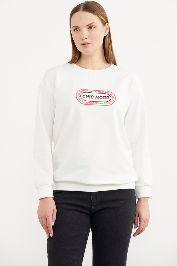Baskılı Oversize Basic Sweatshirt - Ekru - 3