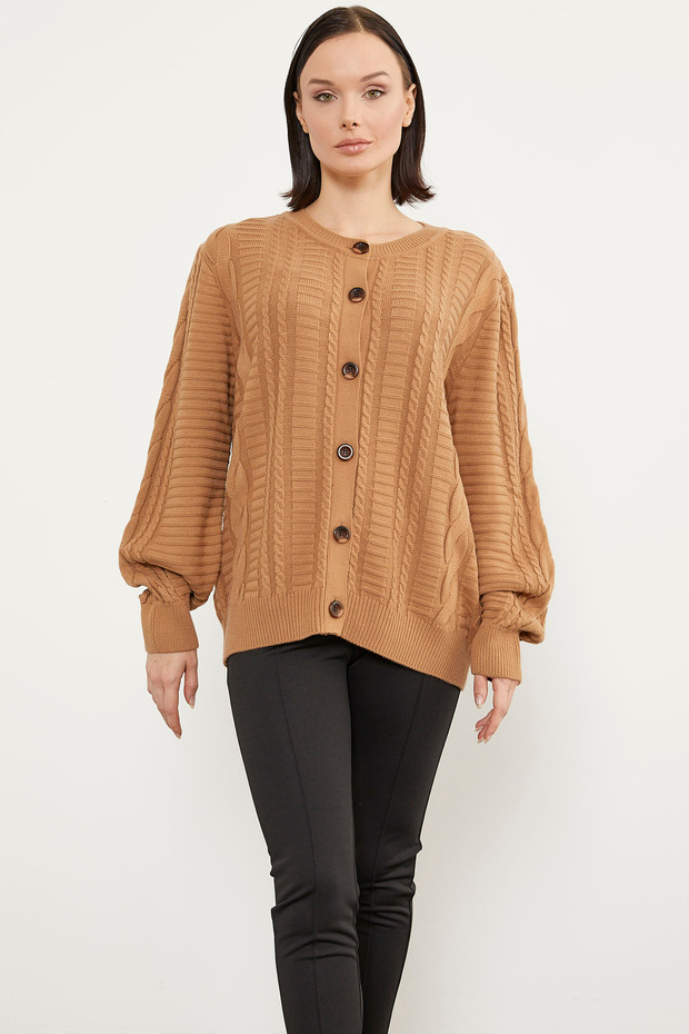 Sıfır Yaka Düğmeli Triko Hırka - Kamel - 1