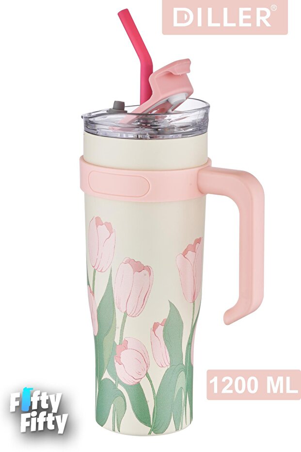 Languages Quencher Cup 1200 ml Stainless Steel Thermos with Straw/Comfortable Drinking Handle -Ffdıllerd9120