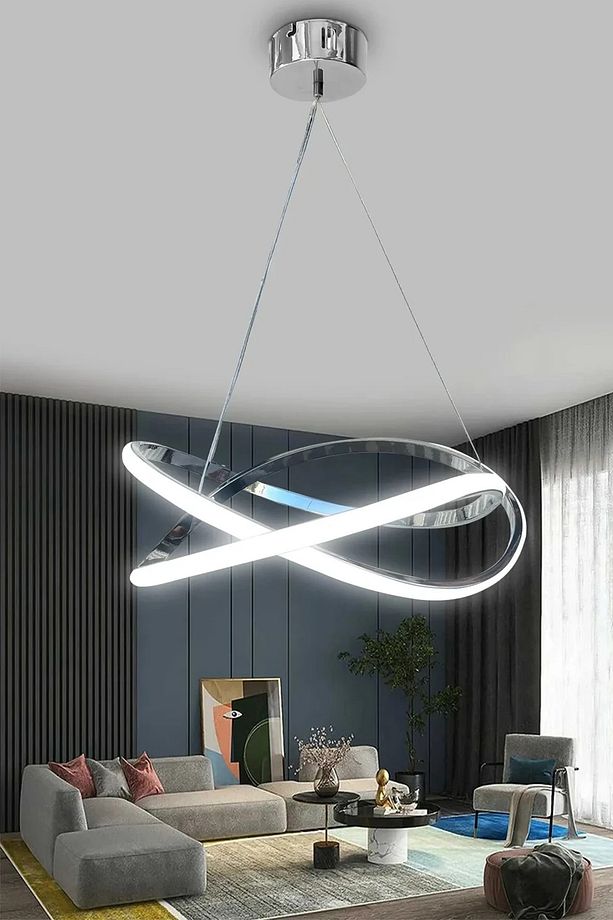 Dalga Modern Sarkıt Led Avize - Salon - Oturma Odası - Mutfak Avizesi - 3 Renk Kumandasız Krom - 1
