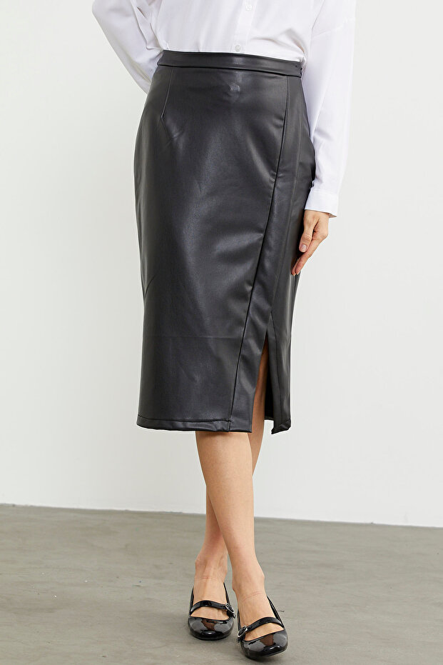 Suni Deri Önden Yırtmaçlı Etek - Siyah - 3