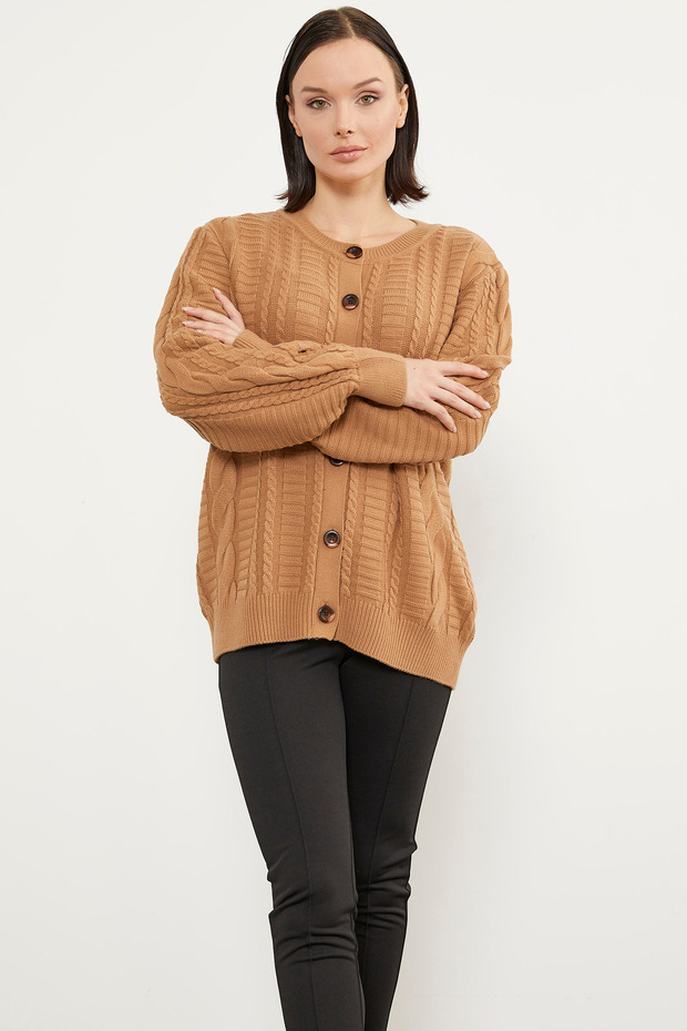 Sıfır Yaka Düğmeli Triko Hırka - Kamel - 2