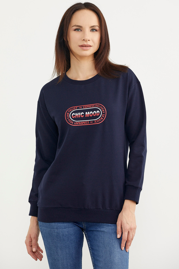 Baskılı Oversize Basic Sweatshirt - Lacivert - 2