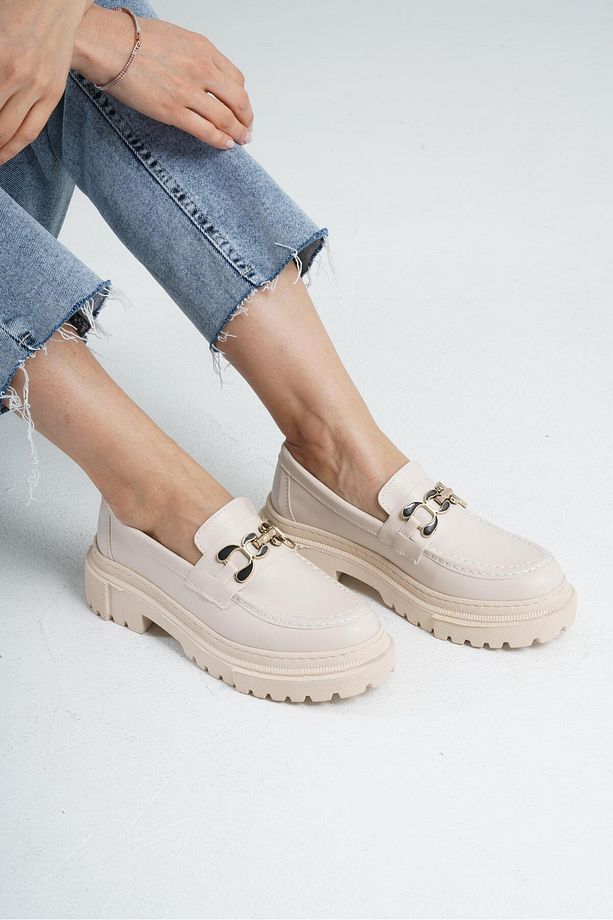 Kadın Bej Deri Yeni Gc Kalın Taban Loafer Makosen Ayakkabı 4,5cm Byndlfrk02 - 2