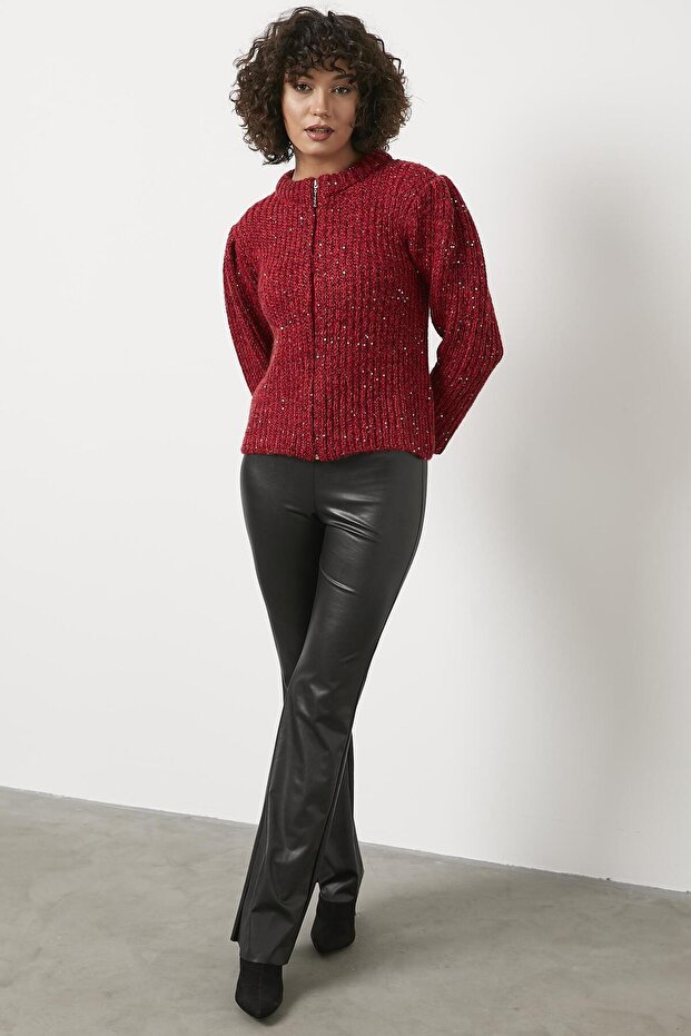 Pullu Fermuarlı Triko Hırka - Kırmızı - 5